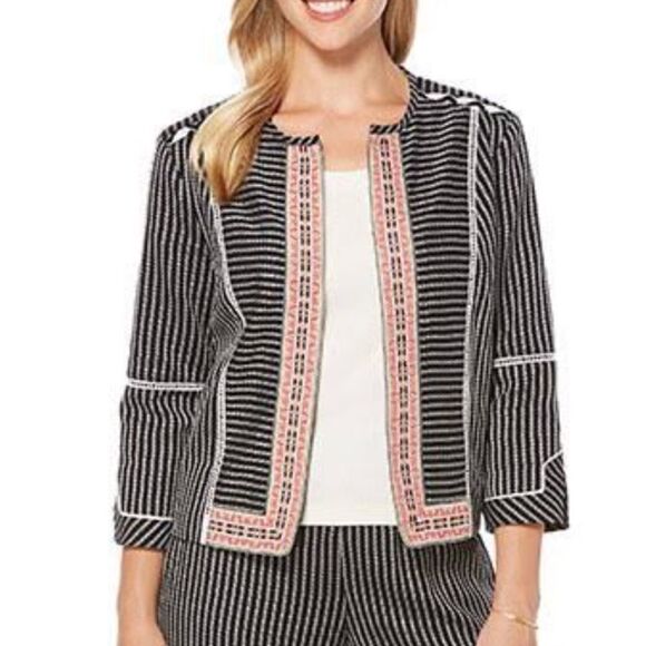 Rafaella Mixed Prjnt Black White Pink Open Cropped Blazer Jacket PS - Picture 2 of 7